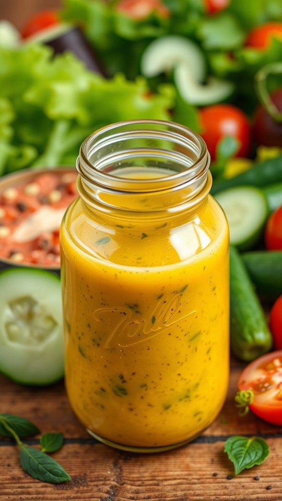 A jar of zesty salad dressing surrounded by fresh vegetables on a wooden table.